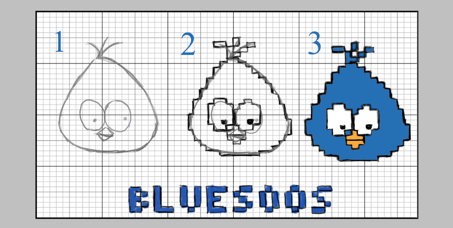 Dessin de bluesoos transformé en pixel art